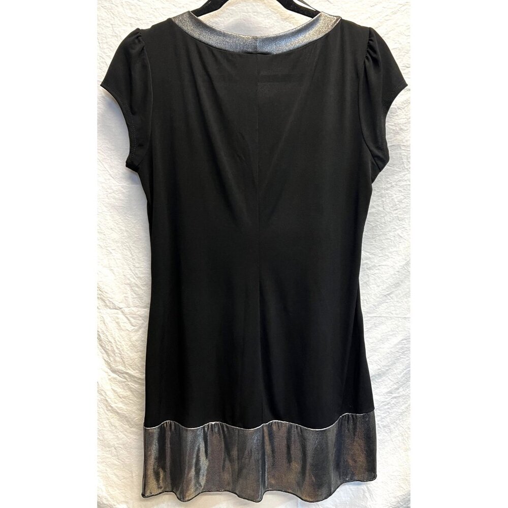 Iz Byer California Black & Silver Tunic Top Large Short Sleeve Scoop Neck - Picture 2 of 5